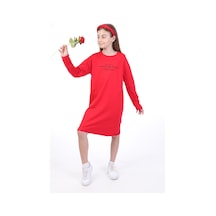 Toontoy Kız Çocuk Baskılı Relax Fit Bisiklet Yaka Uzun Kollu Elbise - Kırmızı