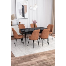 Rovena Marin Siyah Mermer Desen 80x132 Açılabilir Mutfak Masası Takımı 6 Sandalye Kiremit 3470