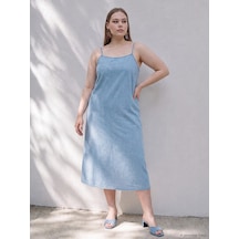 Lcwaıkıkı Curve Mavi Büyük Beden İp Askılı Mini Jean Elbise