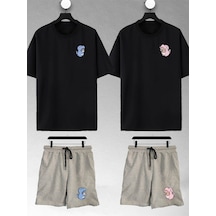 Unisex Kadın Erkek Dinozor Tom Ve Jerry Baskılı Sevgili Çift Kombini Tasarım Oversize Tshirt Ve Şort Siyah-gri Mck2318 Siyah-Gri