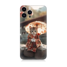 Apple Uyumlu iPhone 14 Pro Max Geyşa Kıyafetli Kedi Desenli Silikon Kılıf