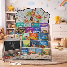 Montessori Yazı Tahtalı Hayal Dünyası Temali 5 Raflı Kitaplık Ve Oyuncak Saklama Yerli Çok Renkli