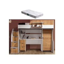 Ranza, Litera Ranza Dolap Çalışma Masası Beyaz - Açık Ceviz + 1 Adet Comfort Yatak 90 x 190 Cm