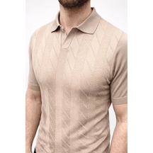 Erkek Yazlık Triko Dokuma Tişört Kısa Kol Polo Yaka T-shirt - Bej