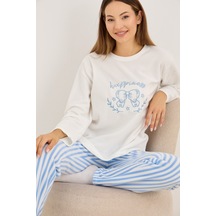Siyah İnci Polar Kışlık Örme Pijama Takım 25222075 Beyaz - Mavi
