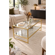 Teknor Şeffaf Camlı Gold Orta Sehpa Çift Raflı Modern Tasarım 90 50 46 Cm Altın