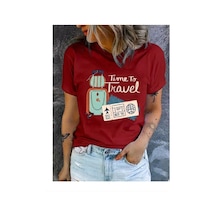 Kadın Time To Travel Baskılı %100 Pamuklu T-shirt Kırmızı