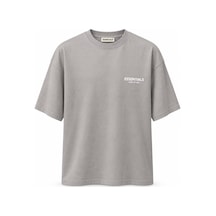 Genel Markalar Unisex Yarım Oversize Bisiklet Yaka Pamuklu Baskılı Tişört Gri