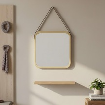 Askılı Ahşap Çerçeveli Kare Ayna 32x42 Cm Deri Askılı Duvar Aynası, Modern Minimal Dekoratif Ayna, Antre Banyo Yatak Odası İçin &