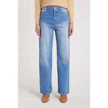 Tudors Kadın Regular Fit Klasik Kesim Pamuklu Bol Paça Mavi Jean Pantolon-39521 Mavi