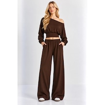 Mevese Kayık Yaka Korseli Crop Bluz - Cep Detaylı Palazzo Modal Takım - Acı Kahve Kahverengi