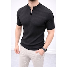 Erkek Kısa Kol Fitilli Triko T-shirt Yazlık Hakim Yaka Tişört - Siyah Çok Renkli