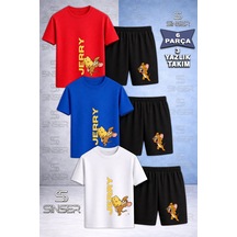Ss Sinser Çocuk Fare Jry Peynır Calan Baskılı Bisiklet Yaka 3 Lü Tişört - Şort Alt - Üst Çocuk Takım Renk:beyaz - Mavi - Kırmızı