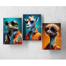 3'lü Çerçevesiz Poster Seti Kurbağa, Zürafa, Devekuşu