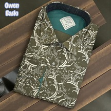 Slim Fit Cotton Uzun Kollu Yakası Gizli Düğmeli Kalite Garanti Baskılı Gömlek Slimlı Fit Yeşil