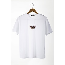 Kadın Beyaz Bisiklet Yaka Önü Kelebek Baskılı Oversize T-shirt Beyaz