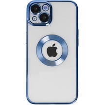 Apple Uyumlu iPhone 14 Yanları Renkli Lens Korumalı Logo Gösteren Şeffaf Luxury Kılıf - Açık Mavi