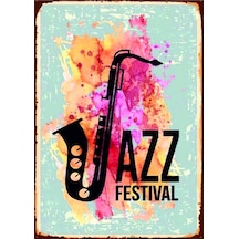 Jazz Festival Saksafon Ahşap Mdf Tablo Duvar Dekoru Sanatsal Eskitme Müzik Odası Tablo