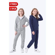 Fyk Kids 3 İplik Düz Kız Çocuk Fermuarlı Kapüşonlu 2'li Eşofman Takımı 4 Parça Gri - Lacivert