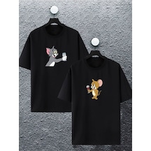 Unisex Kadın Erkek Tom Ve Jerry Rakı Baskılı Sevgili Çift Kombini Tasarım Oversize T-shirt 2'li Set Siyah Mck2117 Siyah