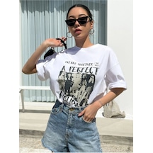 Unisex Beyaz A Perfect Baskılı Oversize Bisiklet Yaka T-shirt 001