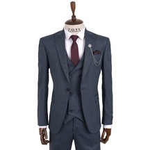 Zayfa Mavi Armürlü Slim Fit Yelekli Erkek Takım Elbise