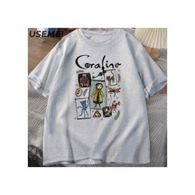 Tarzsokak Coraline Cadılar Bayramı T Shirt Kadın Erkek Spooky Vintage Tişört Harajuku Güz Kısa Kollu Ts Gri