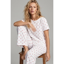 Siyah İnci Pamuklu Örme Pijama Takımı 8025 Beyaz Kırmızı Kalp