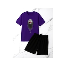 Uyguntarz Unisex Pırlantalı Kadın Portresi Tasarım Basklı Tshirt Şort Takımı Mor