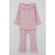 Breeze Kız Bebek Taytlı Takım Çiçek Desenli Yaka Kısmı Fırfır Detaylı 6 Ay-2 Yaş, Pembe Pembe