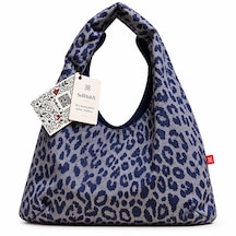 Sellhubx Leopar Desenli Denim Kumaş Kadın Omuz Çantası, Tek Saplı Günlük Hobo Model, Lacivert Gri, 40 X 24 Cm Leopar Desenli Lacivert Çanta