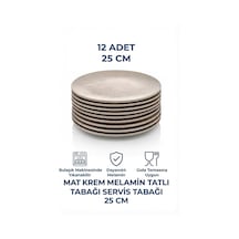 12 Adet Mat Krem Melamin Tatlı Tabağı Servis Tabağı Makinede Yıkanabilir 25 Cm