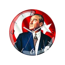 Atatürk Arkada Bayrak Çap 30cm Sessiz Akar Bombeli Gerçek Cam Duvar Saati Çok Renkli
