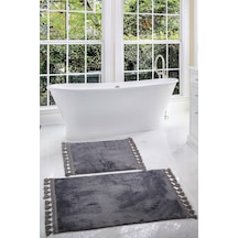 Relax Antrasit 60x100 + 50x60 Cm 2'li Köşeli Ponpon Saçaklı Banyo Antrasit
