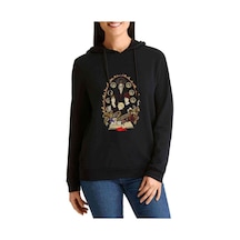 Nate Events Look Away Baskılı Siyah Kadın Kapşonlu Sweashirt