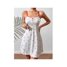 Lily Bianca Nightwear Kiraz Desenli Askılı Penye Gecelik Beyaz