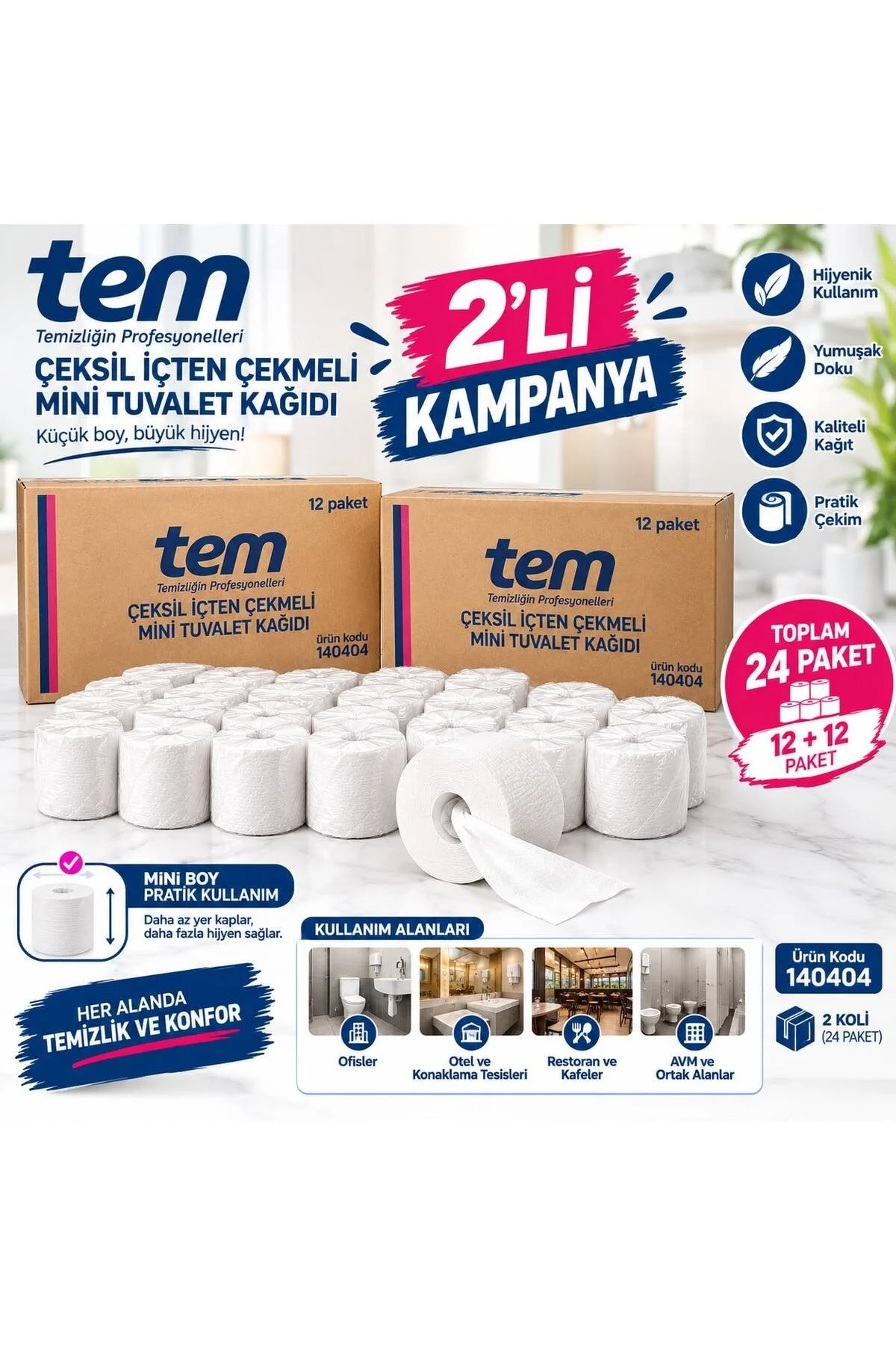 Tem İçten Çekmeli Mini Cimri Tuvalet Kağıdı 2x12