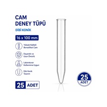 16x100 Mm Cam Deney Tüpü Dibi Konik 25 Adet Laboratuvar Test Tüpü