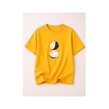 Herkesemoda Coconat Baskı Detaylı Kadın Bisiklet Yaka Pamuklu T-shirt Sarı
