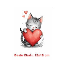 Sevimli Kedi Ve Kalp Ütü İle Yapışan Tekstil Kumaş Tişört Dtf Baskı 3471