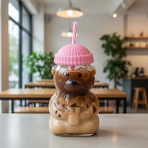Sevimli Ayıcık Figürlü Borosilikat Cam Bardak 580 Ml - Silikon Kapaklı Ve Pipetli Lüx Barista Soğuk İçecek Bardağı Pembe Açık Ahşap