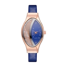 Mavi Zarif Kadın Kristal Rhinestone Oval Kadran Kuvars Bilek Saatleri Bayan Deri Kayış Gündelik Saat