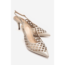 Luvishoes Jever Bej Cilt Lazer Kesim Sivri Burun Slingback Kadın İnce Topuklu Ayakkabı Bej