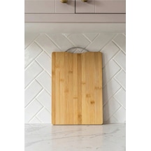 Bambu Kesme Tahtası 24x34 Cm Paslanmaz Çelik Kulplu Doğrama Tahtası Çok Amaçlı Sunum Panosu Mutfak Kesim Ve Servis Tahtası Bej Bej