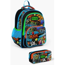 Coral High Kids Siyah Mavi Grafiti Desenli 2'li Okul Çanta Seti Set0214415