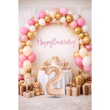 2 Yaş Pompa Hediyeli Doğum Günü Seti Banner Gold Pembe Kum Beji Beyaz Balonlar Rose Gold Rakam Çok Renkli
