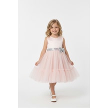 Kız Çocuk Elbise -saten Tüllü Kumaş-kuşak Ve Fiyonk Detaylı 2-8 Yaş 12517 Pembe