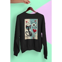 Magors Stıl-x Sevimli Kediler Baskılı Unısex Bisiklet Yaka Oversize Sweatshırt Siyah-4