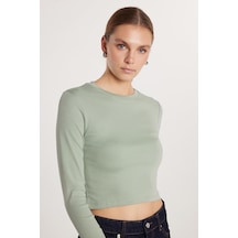 Tudors Kadın Slim Fit Pamuklu Uzun Kol Düz Yeşil Bisiklet Yaka Bluz-33480 Yeşil