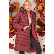 Z6690 Dewberry Kürklü Kapşonlu Bayan Kaban-düz Bordo-düz Bordo